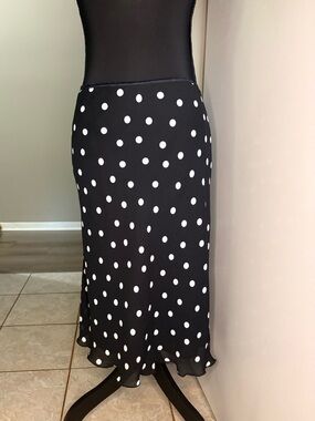 Apostrophe Black Midi Skirt with White Polka Dots , ruffle hem & scalloped trim